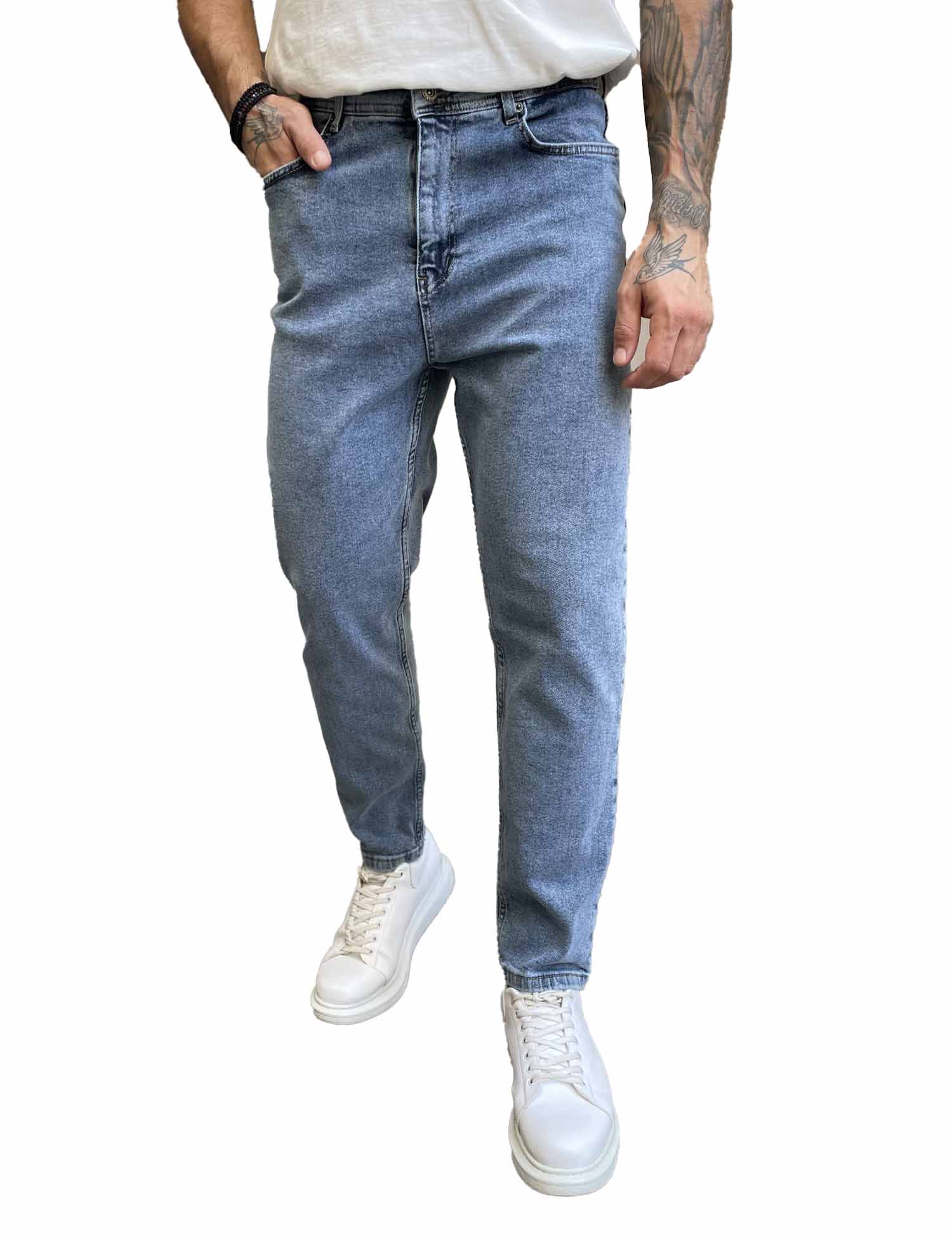 Ανδρικό μπλε πλυμένο ελαστικό loose τζιν πεντάτσεπο με φερμουάρ G88103 φωτογραφία